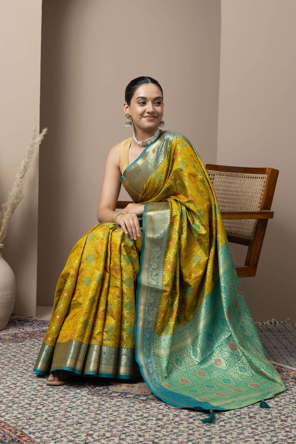 Mustard Yellow Saree with Teal Zari Accents