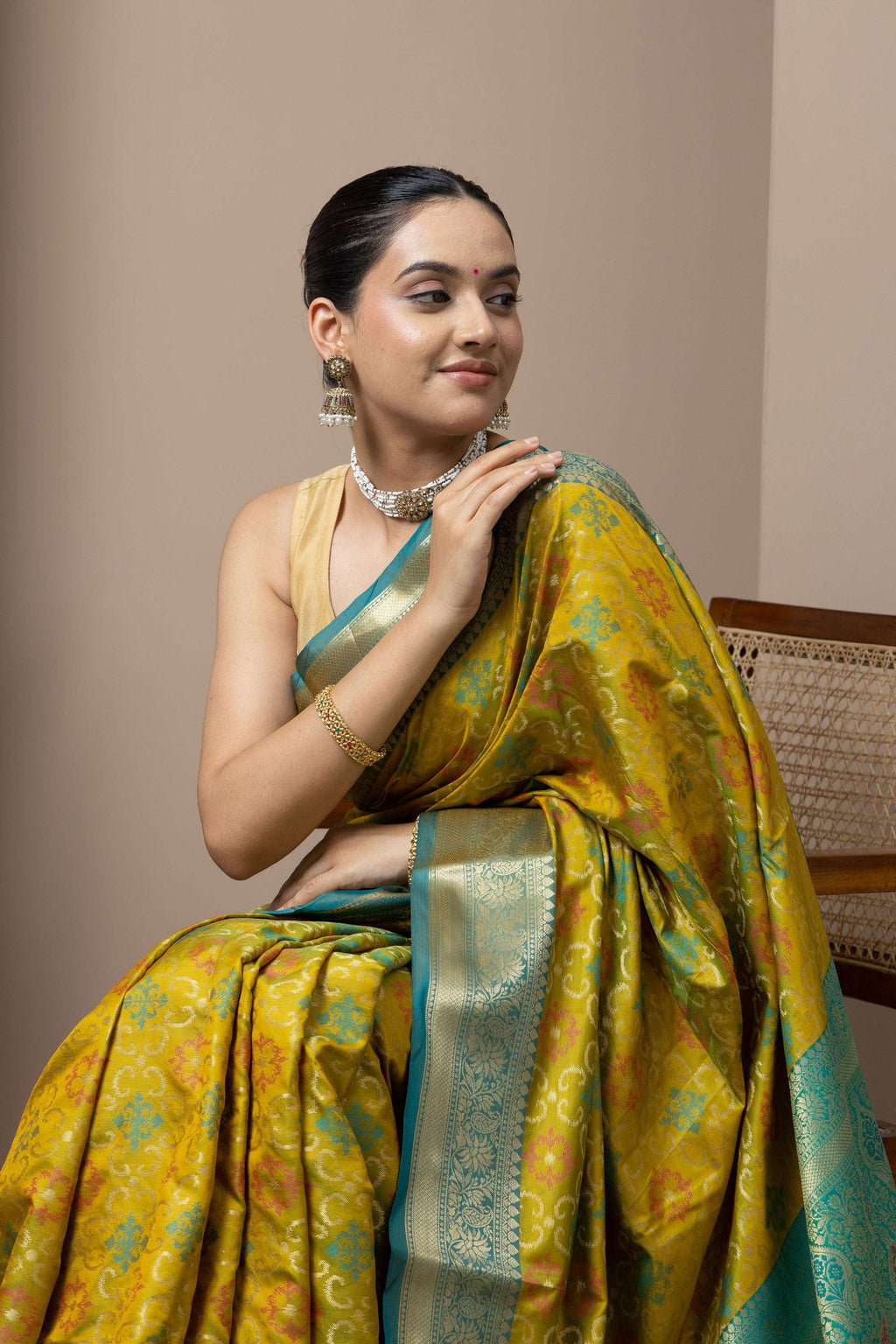Mustard Yellow Saree with Teal Zari Accents