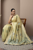 Pastel Yellow Saree with Subtle Green Floral Accents