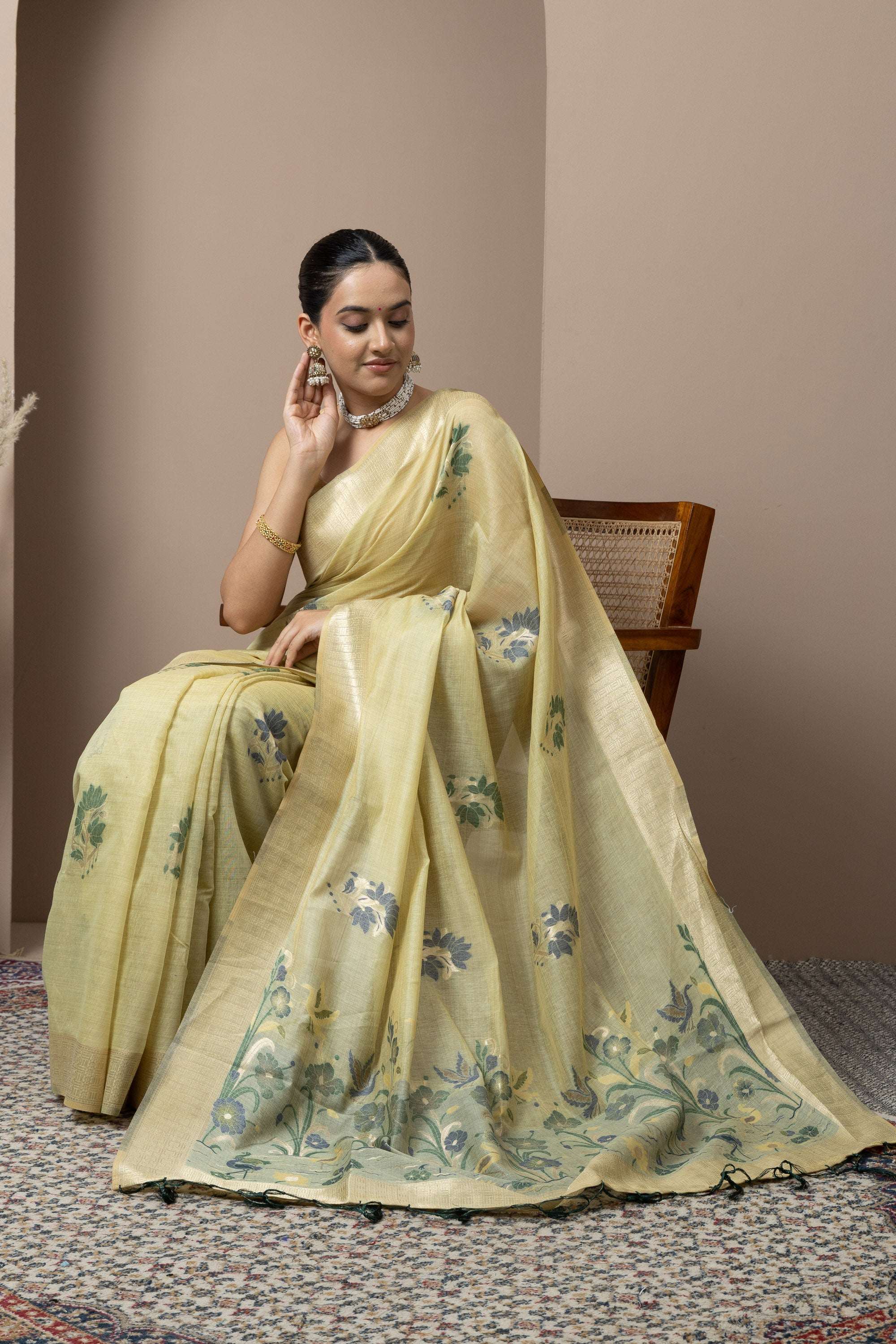 Pastel Yellow Saree with Subtle Green Floral Accents