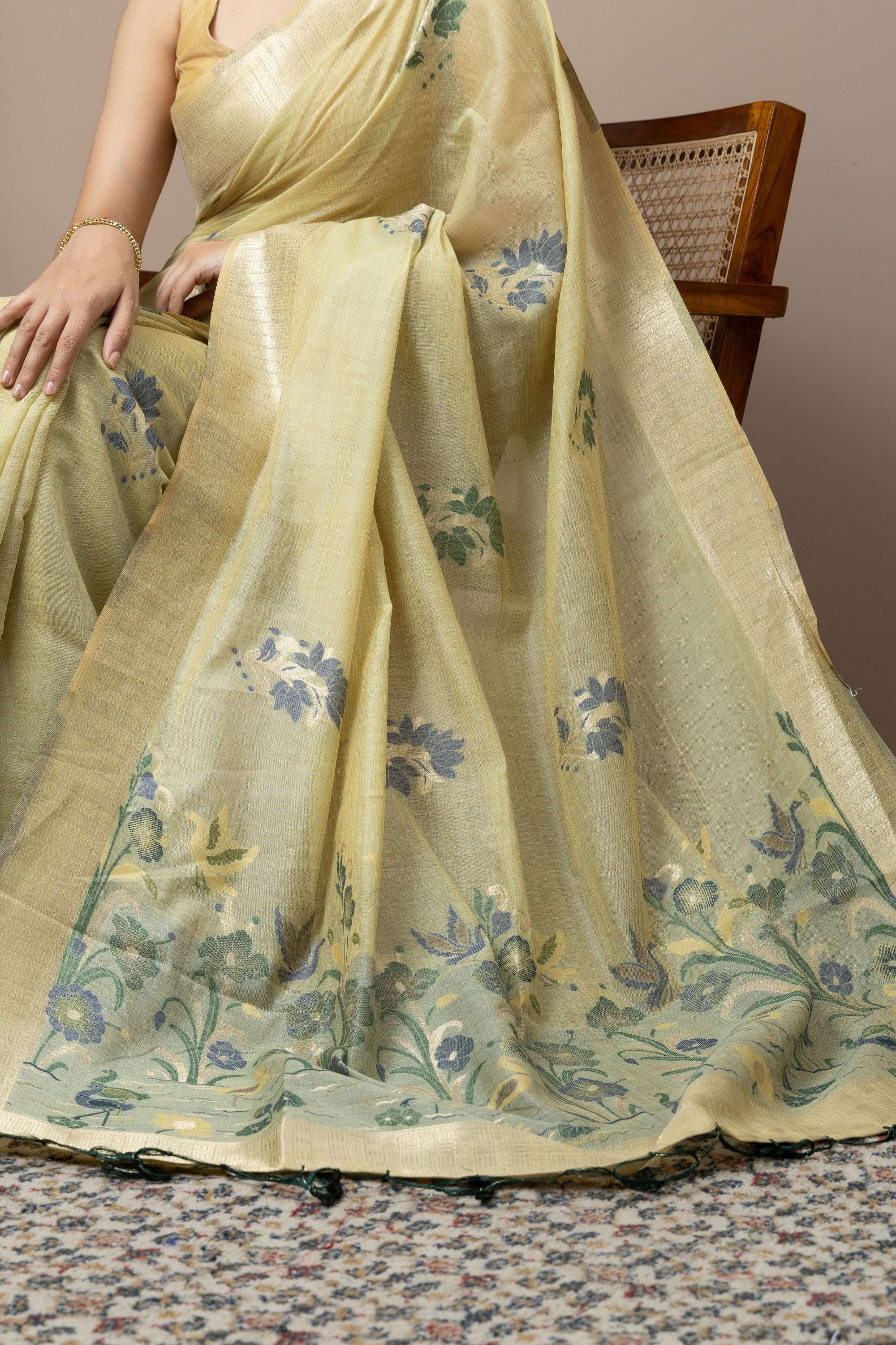 Pastel Yellow Saree with Subtle Green Floral Accents