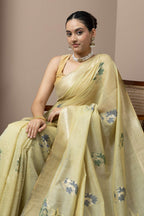 Pastel Yellow Saree with Subtle Green Floral Accents