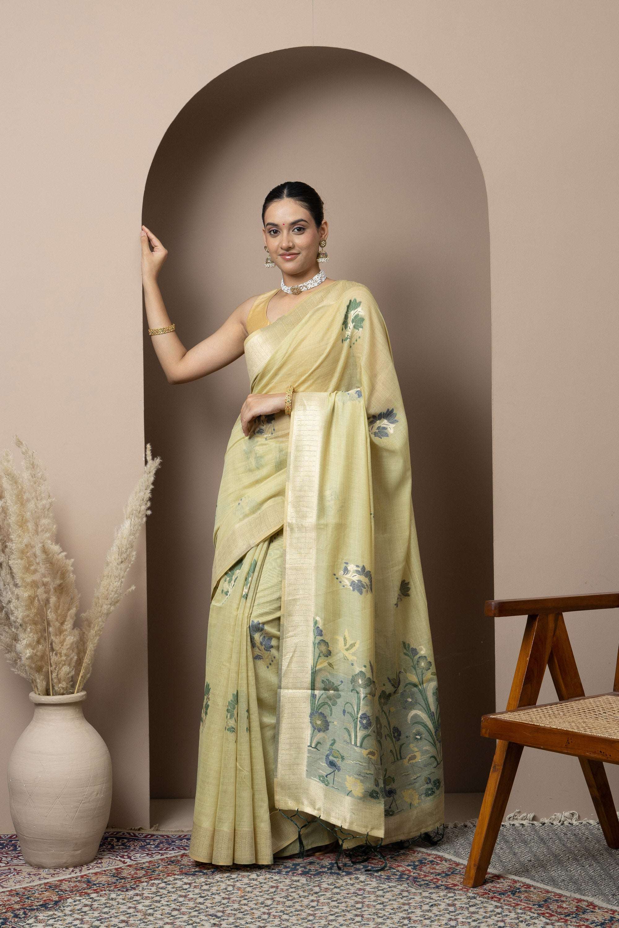 Pastel Yellow Saree with Subtle Green Floral Accents