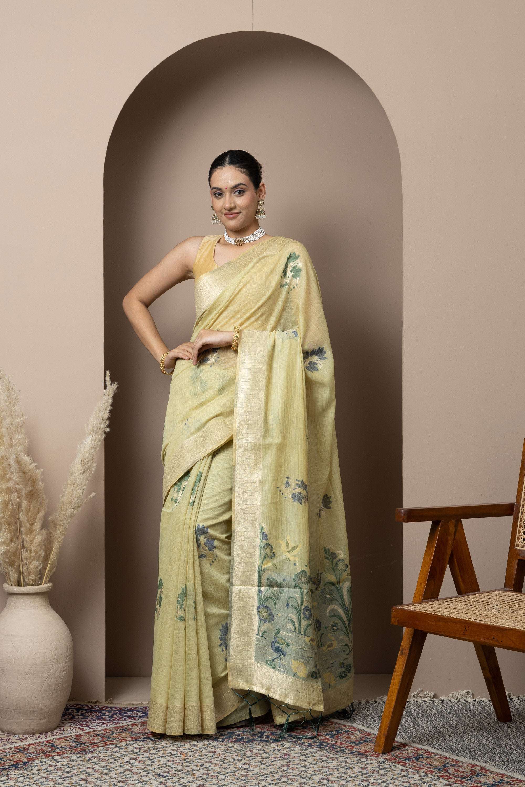 Pastel Yellow Saree with Subtle Green Floral Accents
