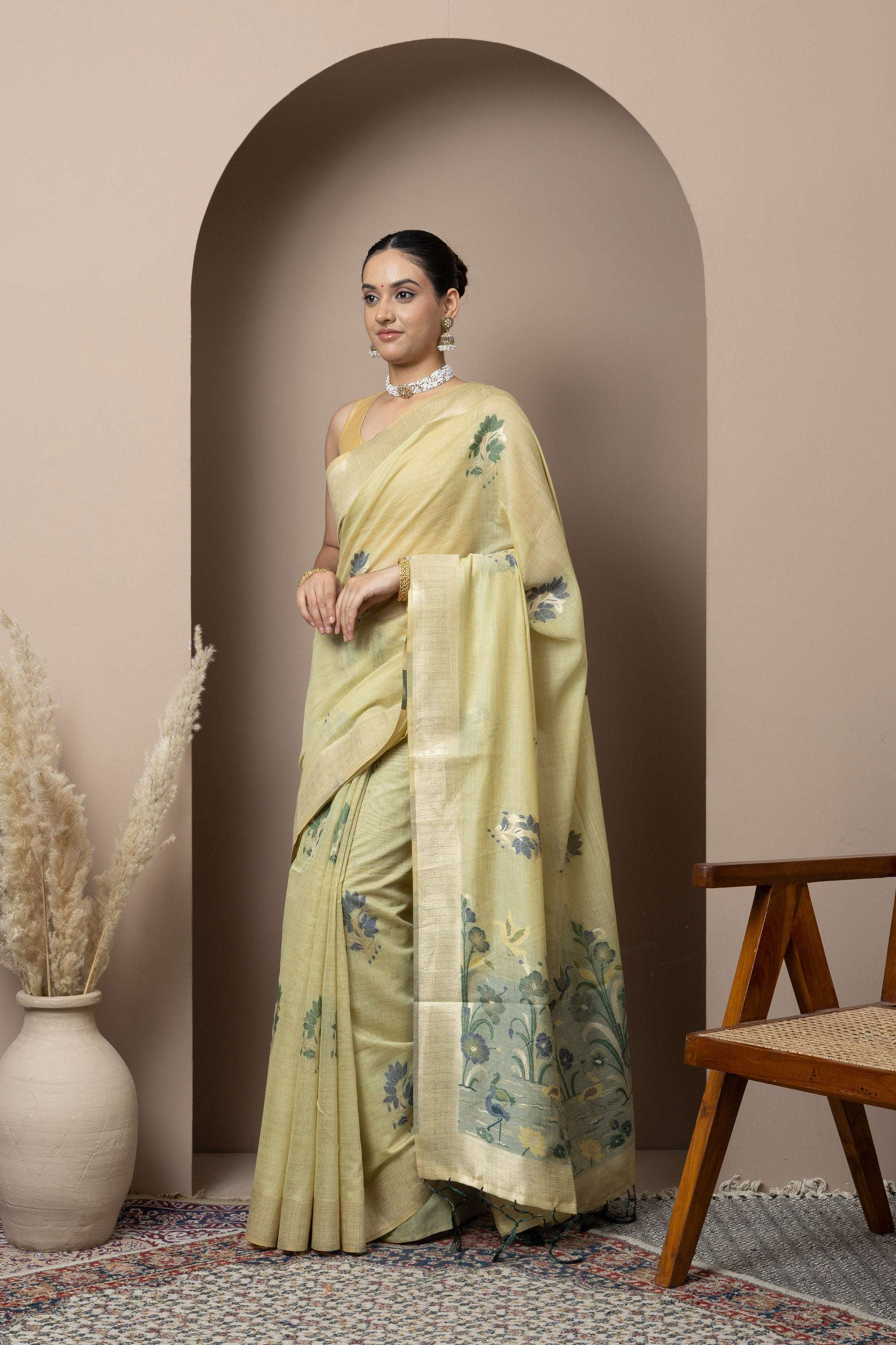 Pastel Yellow Saree with Subtle Green Floral Accents