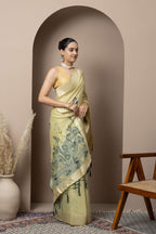 Pastel Yellow Saree with Subtle Green Floral Accents