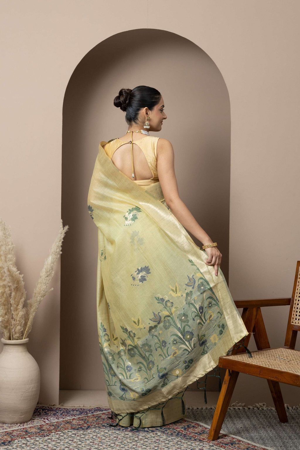 Pastel Yellow Saree with Subtle Green Floral Accents