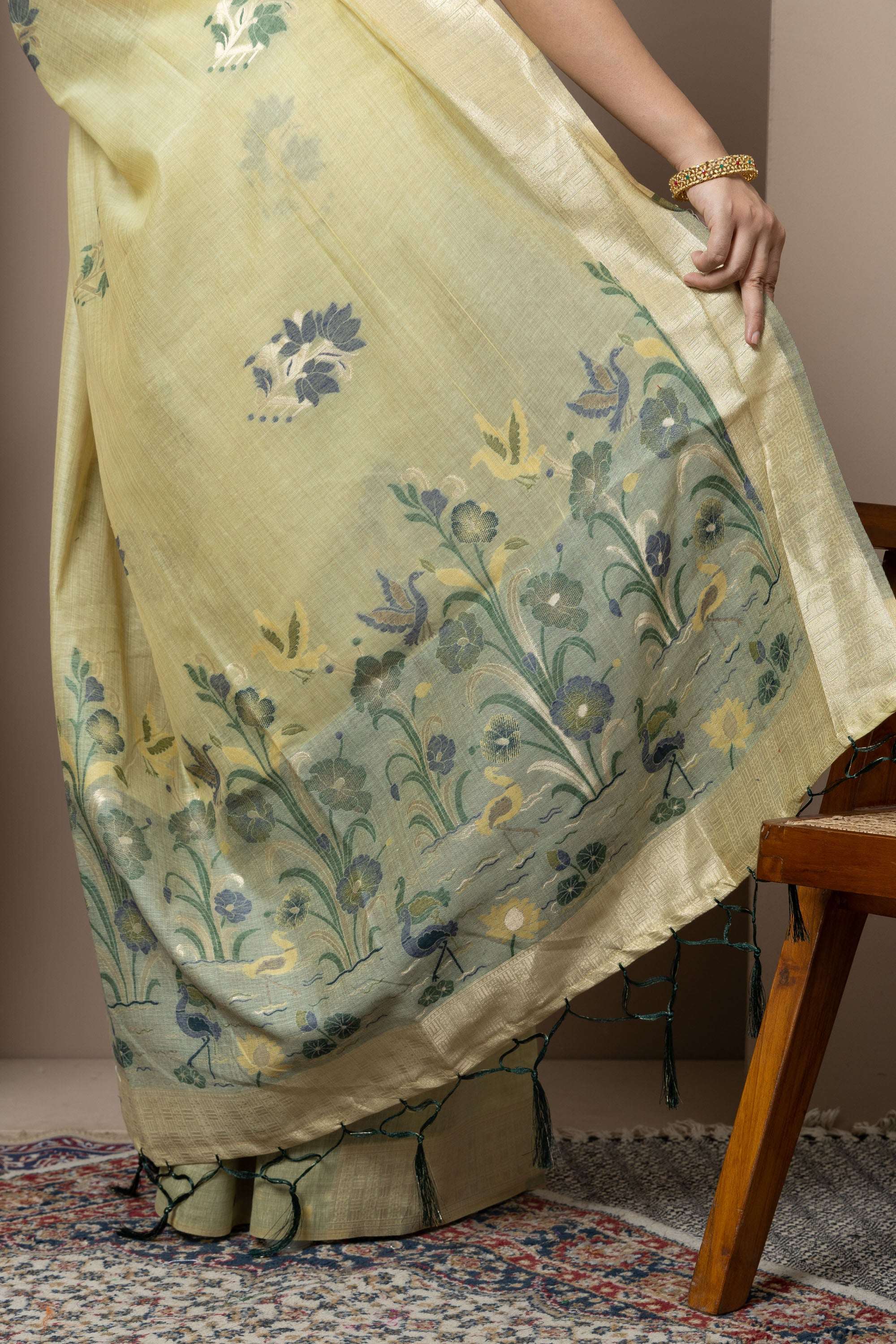 Pastel Yellow Saree with Subtle Green Floral Accents