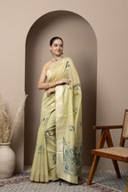 Pastel Yellow Saree with Subtle Green Floral Accents