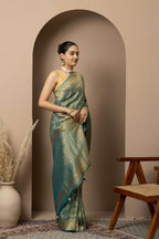 Teal Green Saree with Opulent Gold Zari Weaving