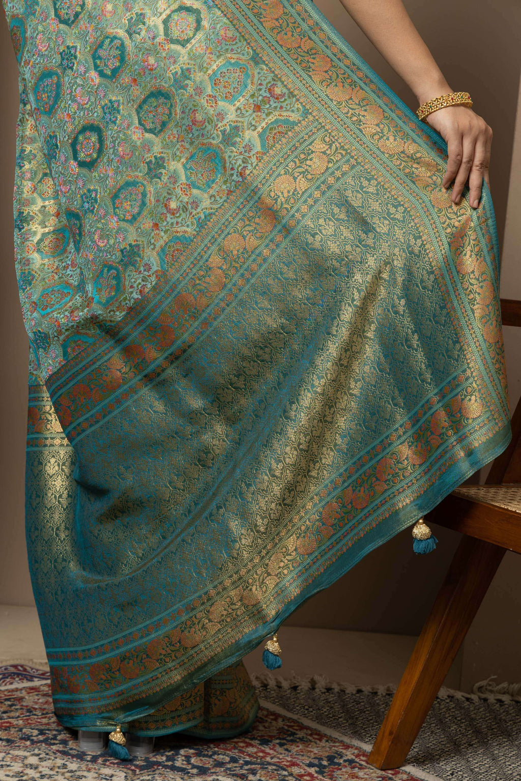 Teal Green Saree with Opulent Gold Zari Weaving