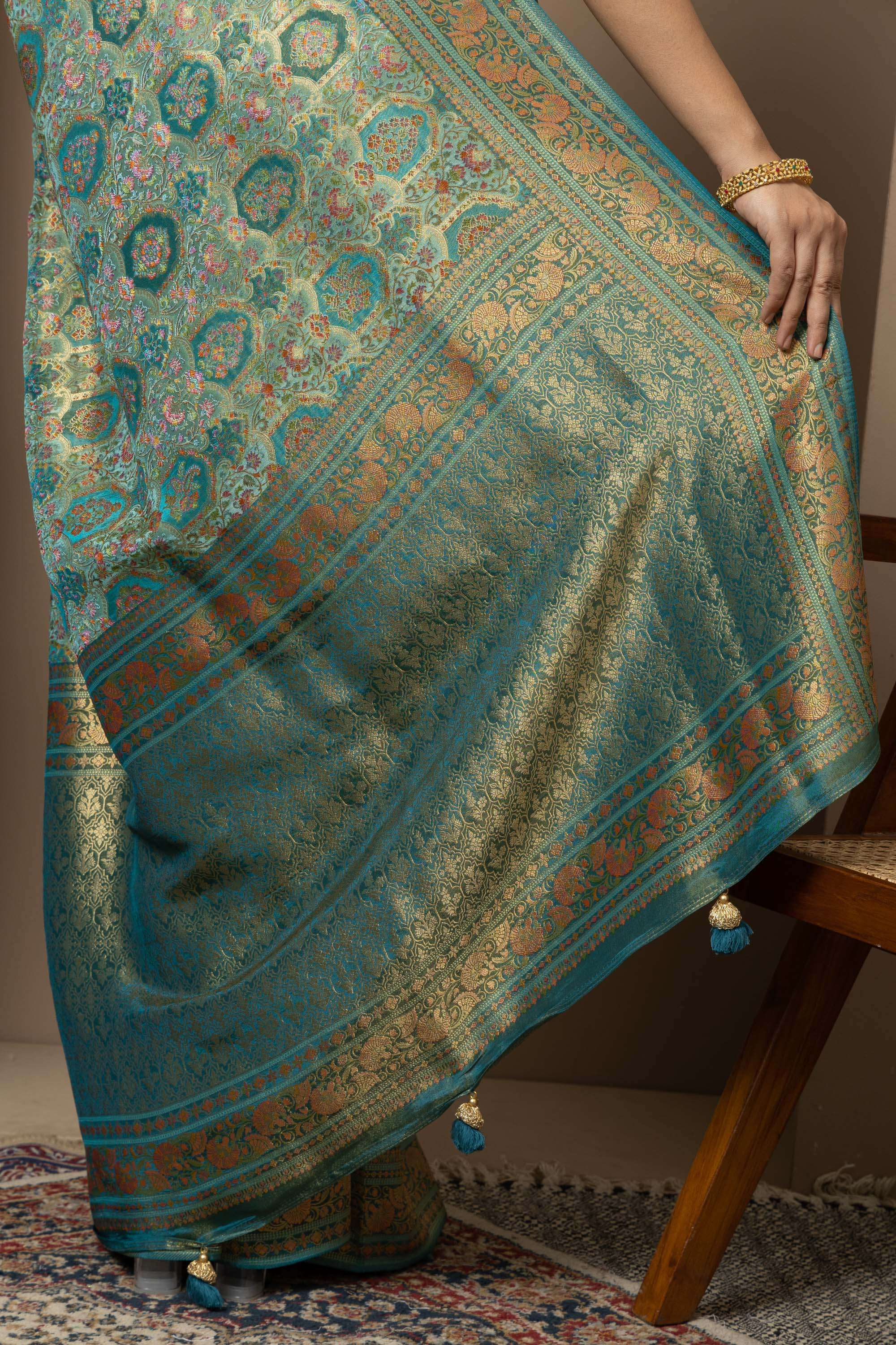 Teal Green Saree with Opulent Gold Zari Weaving