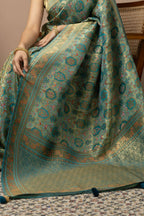 Teal Green Saree with Opulent Gold Zari Weaving