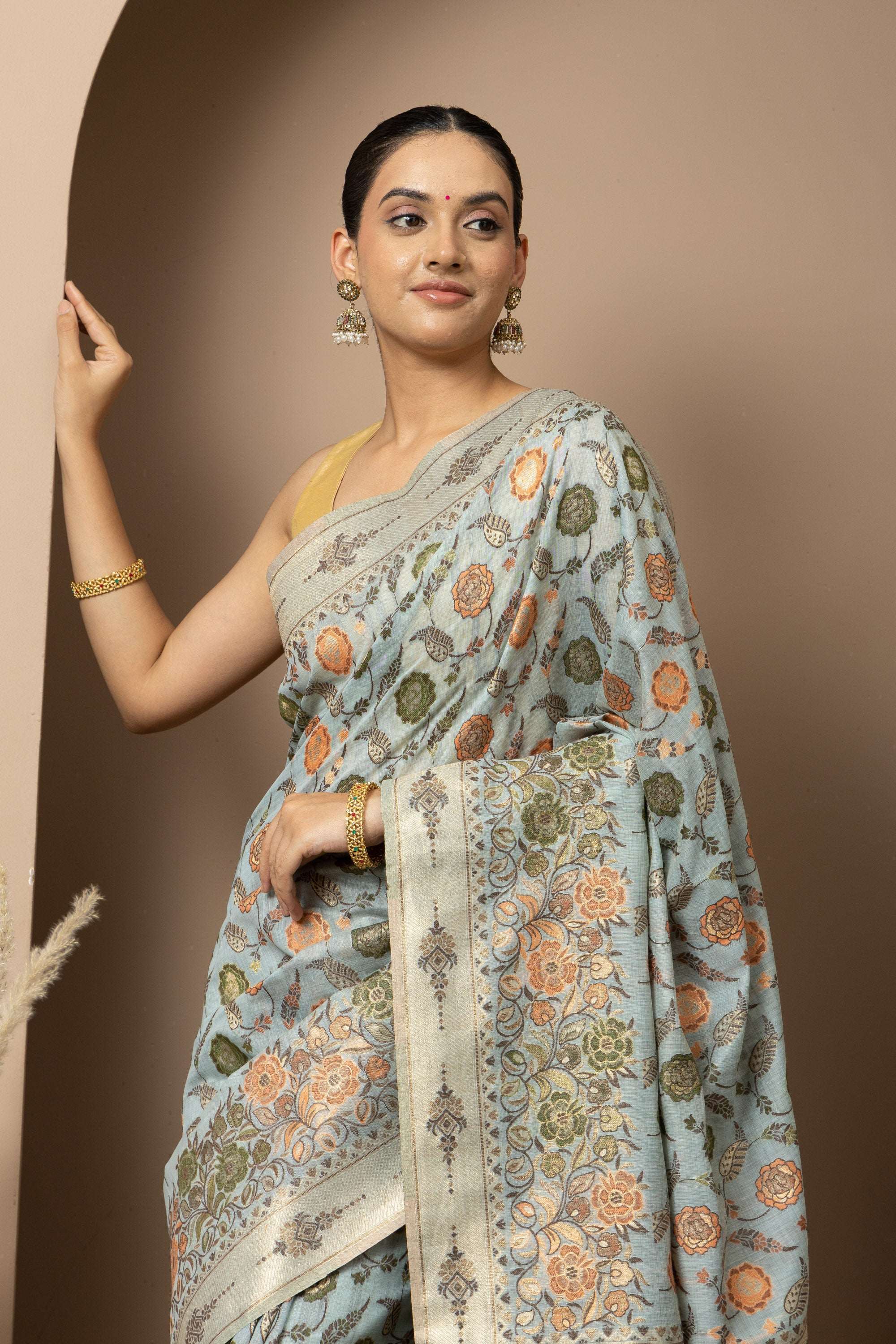 Powder Blue Linen Saree with Multicolour Floral Accents