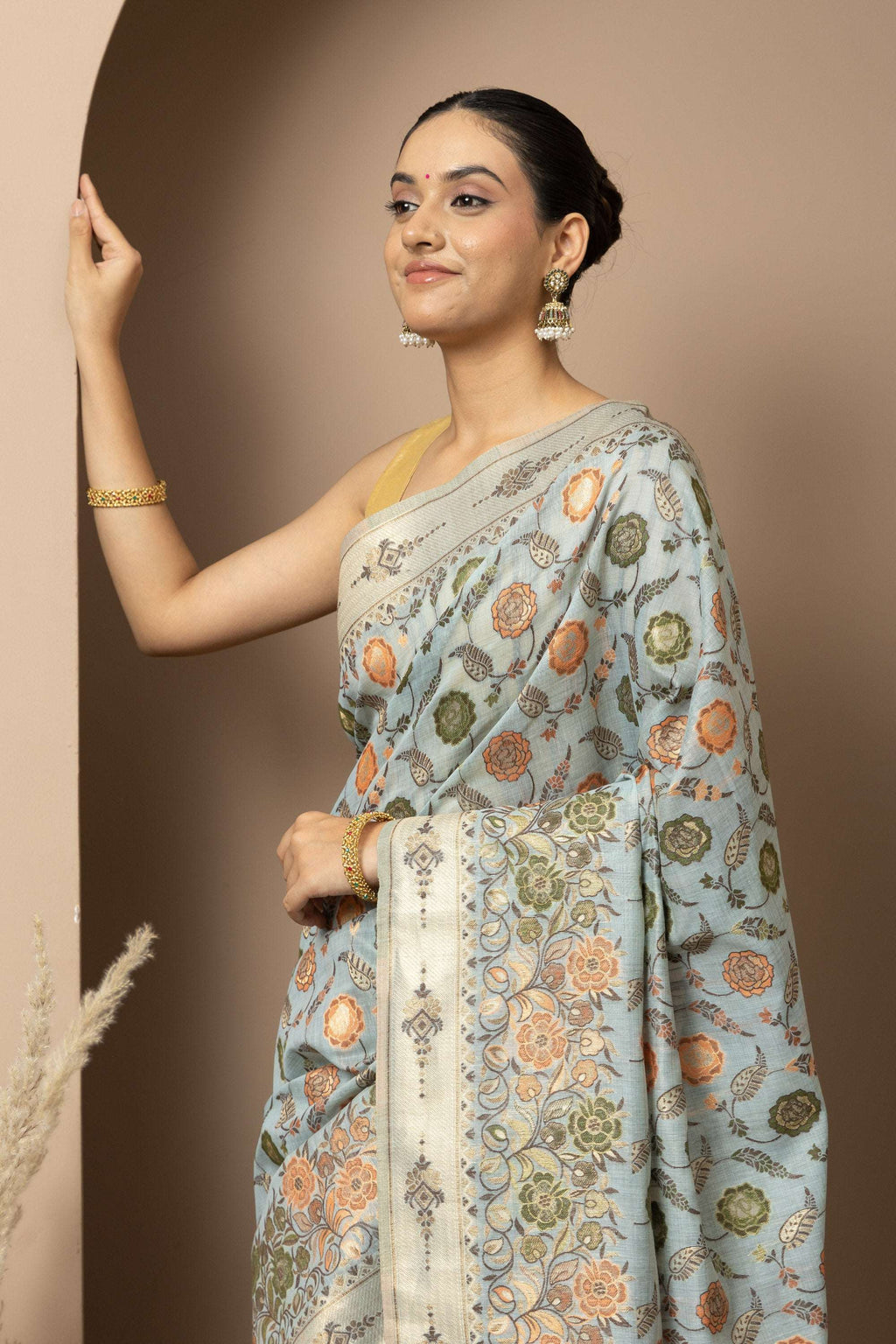 Powder Blue Linen Saree with Multicolour Floral Accents