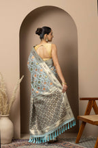 Powder Blue Linen Saree with Multicolour Floral Accents