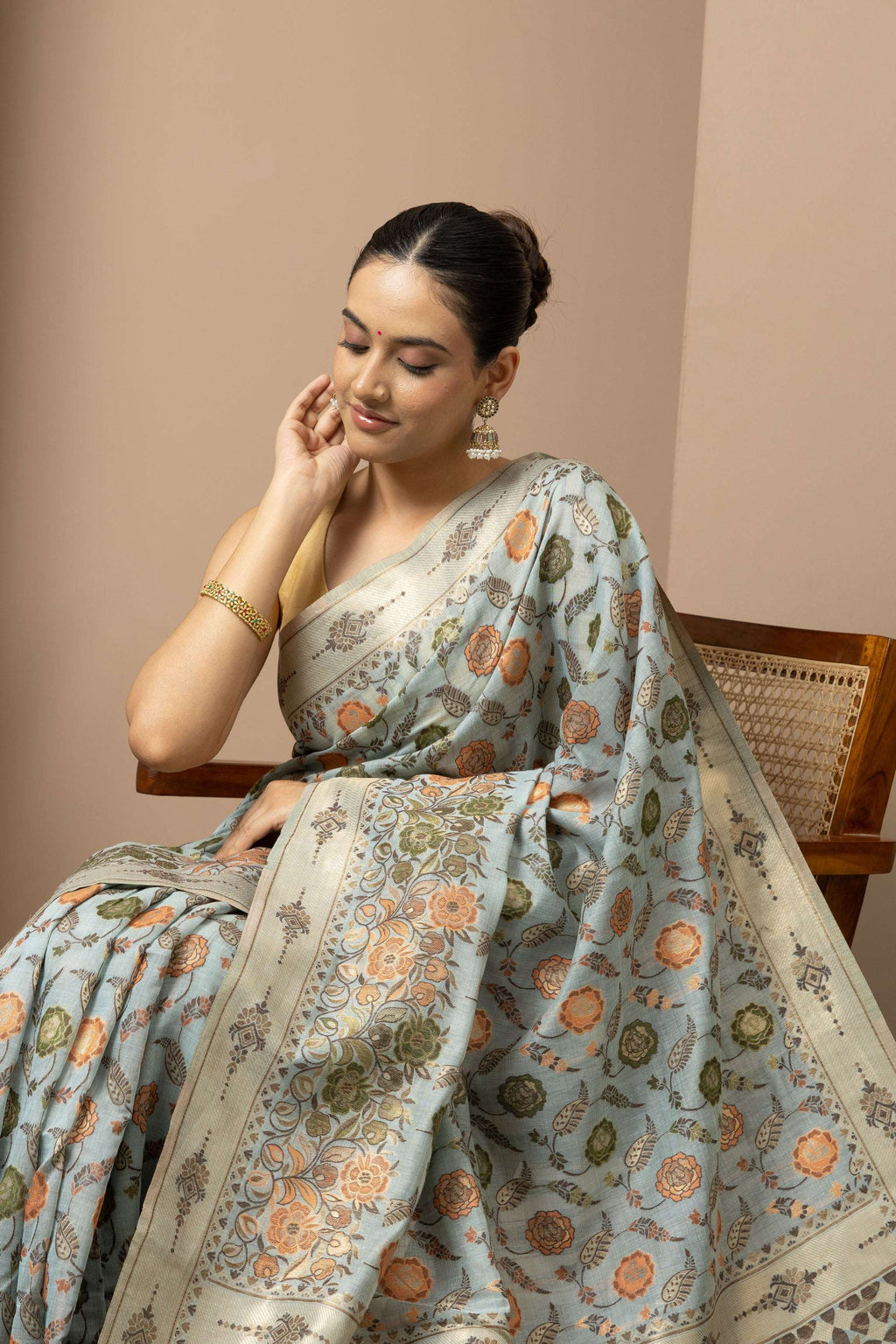 Powder Blue Linen Saree with Multicolour Floral Accents