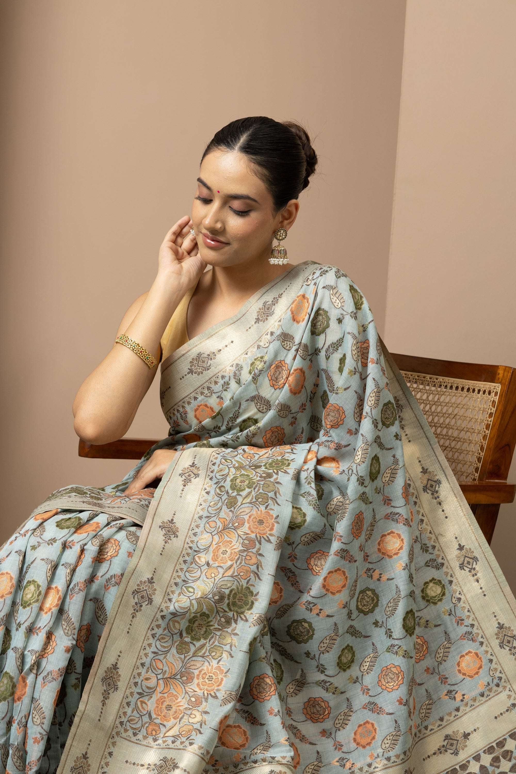 Powder Blue Linen Saree with Multicolour Floral Accents