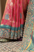 Rani Pink Saree with Teal & Gold Statement Accents