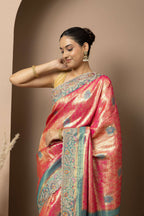 Rani Pink Saree with Teal & Gold Statement Accents