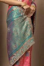 Rani Pink Saree with Teal & Gold Statement Accents