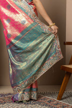 Rani Pink Saree with Teal & Gold Statement Accents