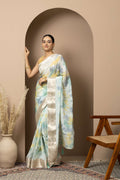 Pastel Aqua Organza Saree with Abstract Tie-Dye Accents