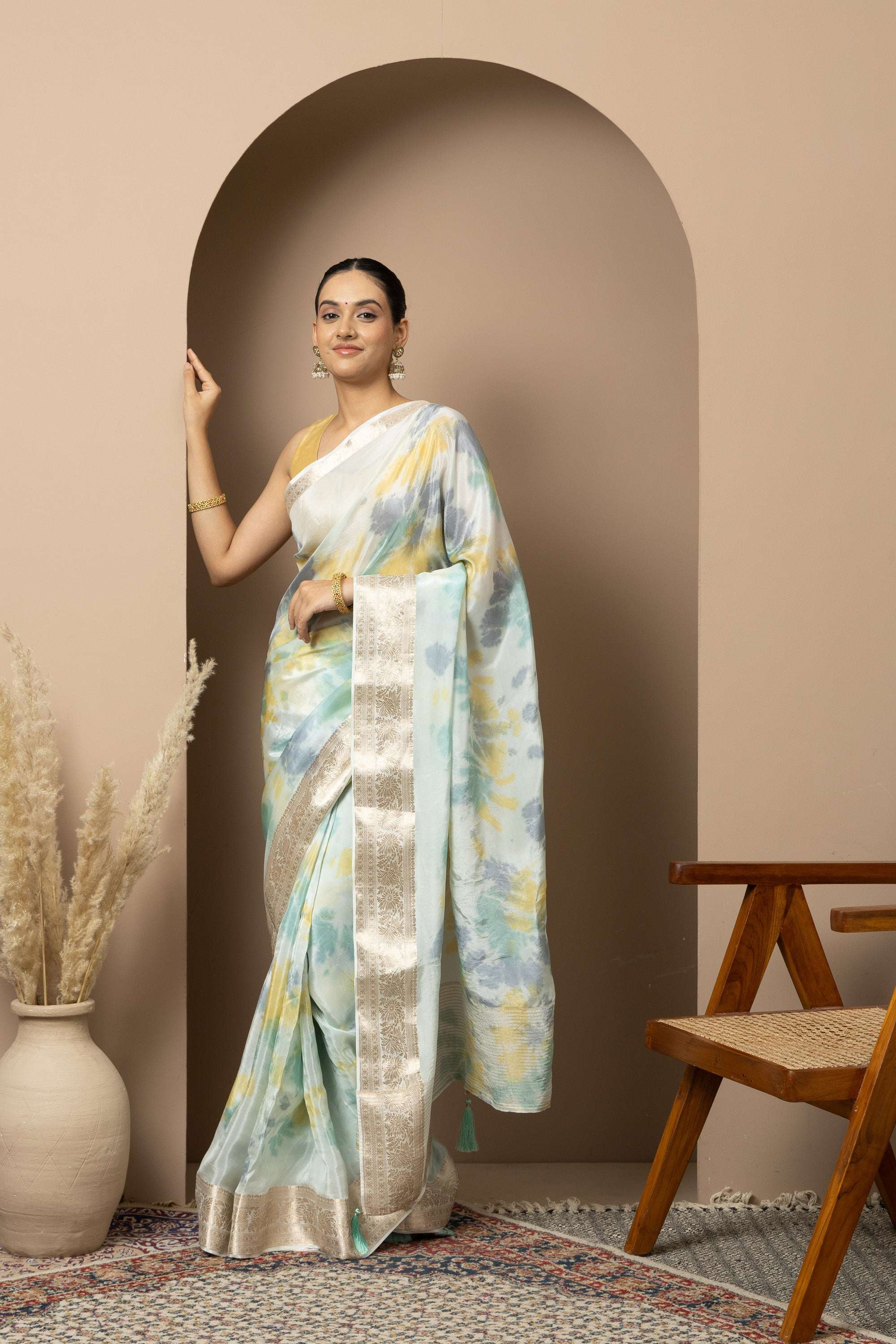 Pastel Aqua Organza Saree with Abstract Tie-Dye Accents