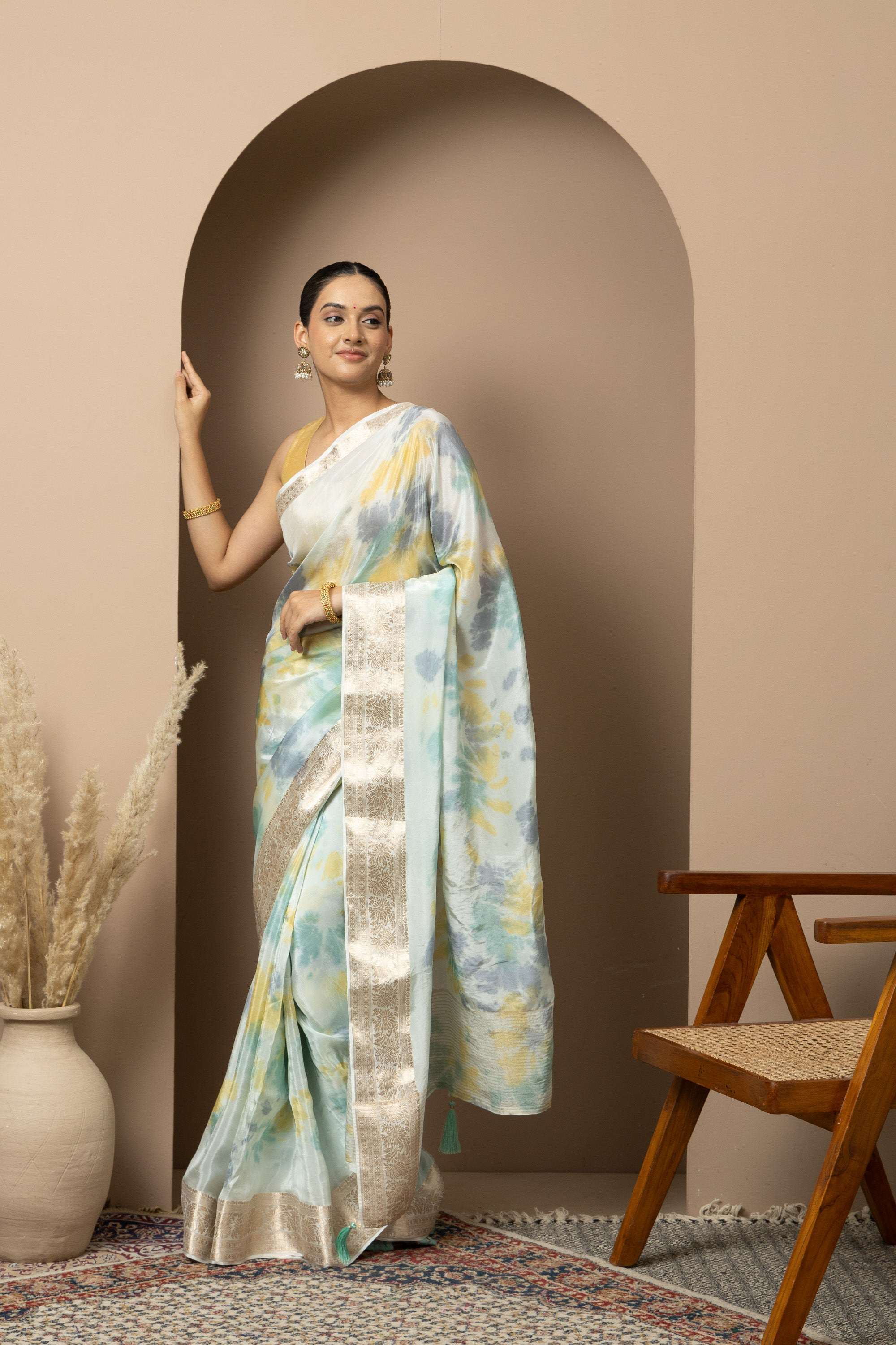 Pastel Aqua Organza Saree with Abstract Tie-Dye Accents