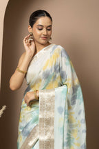 Pastel Aqua Organza Saree with Abstract Tie-Dye Accents