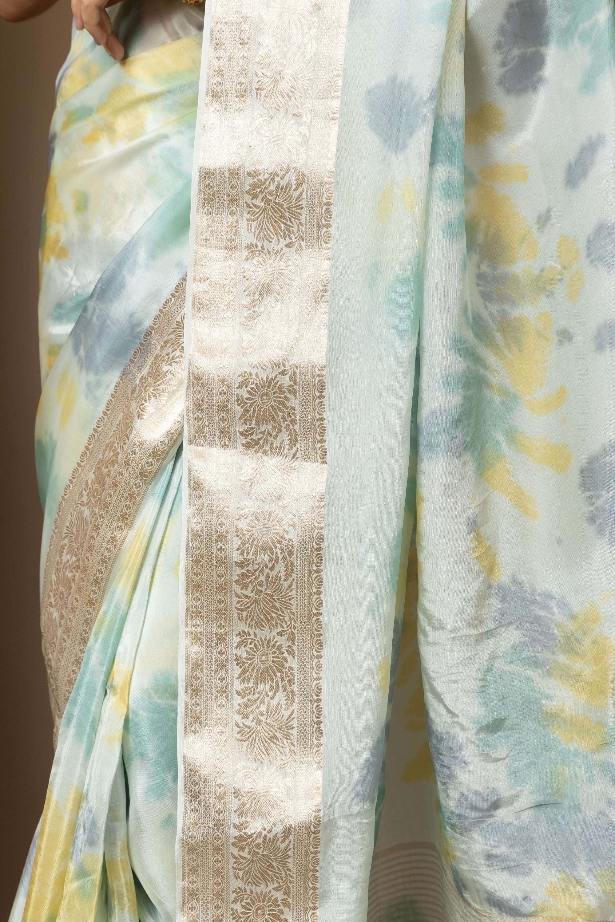 Pastel Aqua Organza Saree with Abstract Tie-Dye Accents
