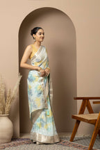 Pastel Aqua Organza Saree with Abstract Tie-Dye Accents