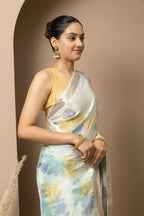 Pastel Aqua Organza Saree with Abstract Tie-Dye Accents