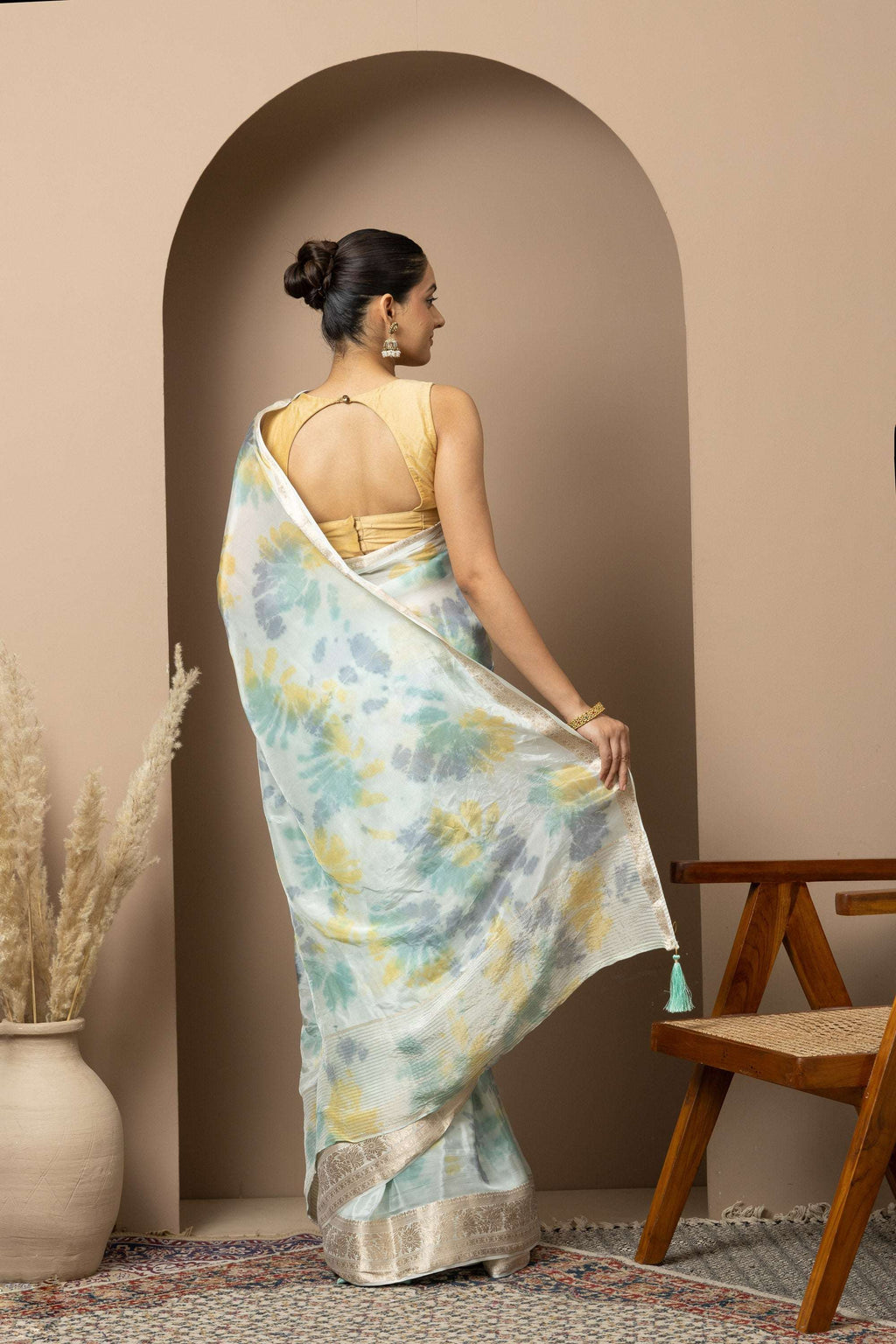 Pastel Aqua Organza Saree with Abstract Tie-Dye Accents