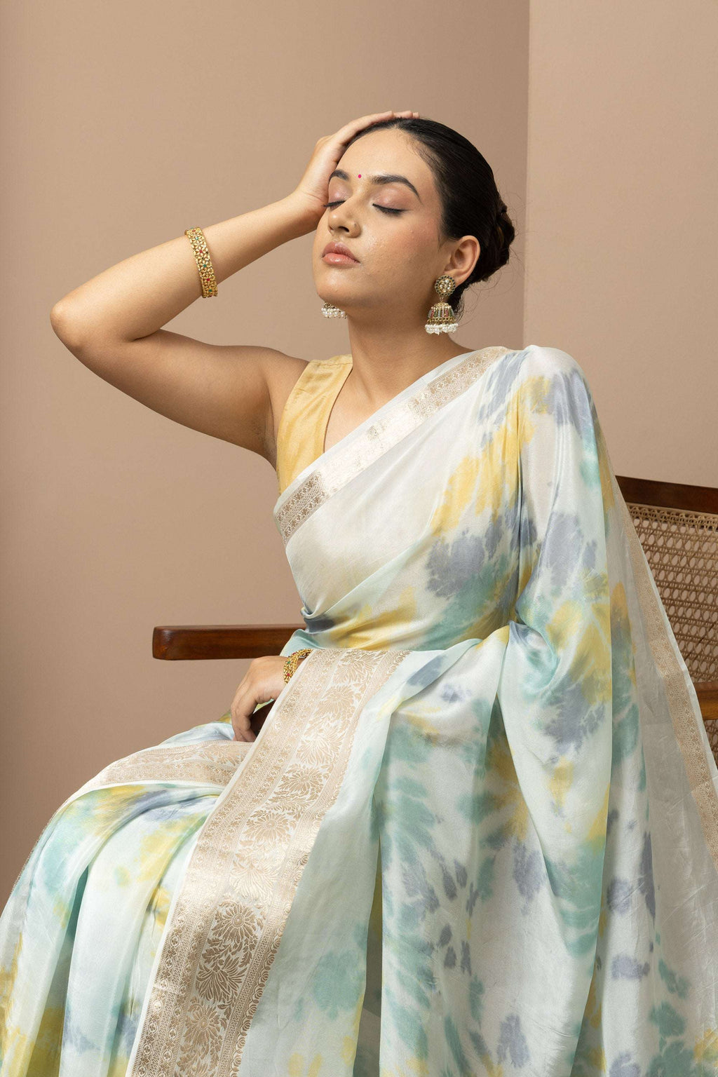 Pastel Aqua Organza Saree with Abstract Tie-Dye Accents