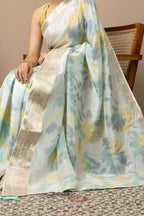 Pastel Aqua Organza Saree with Abstract Tie-Dye Accents