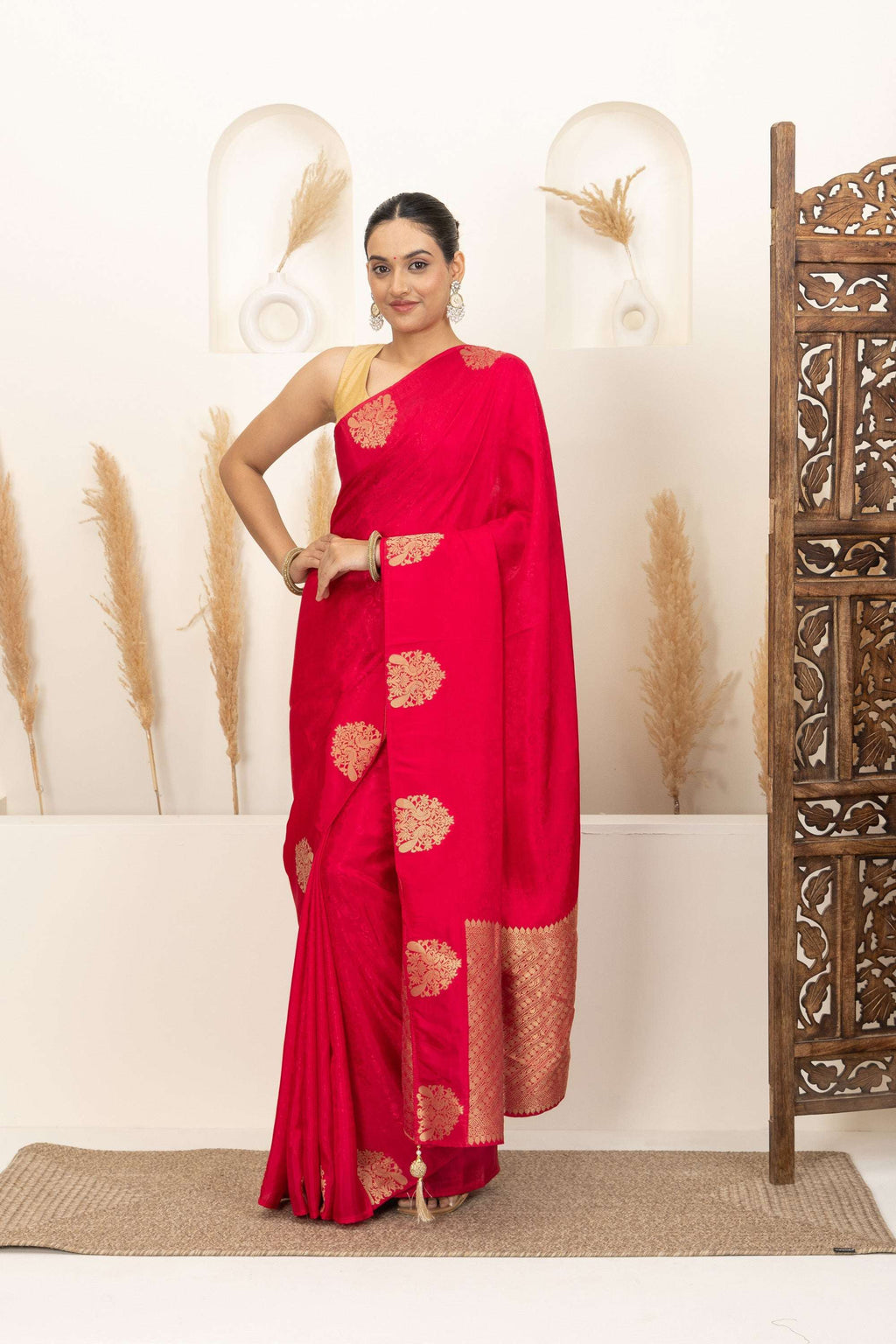 Crimson Red Saree with Gold Zari Motifs