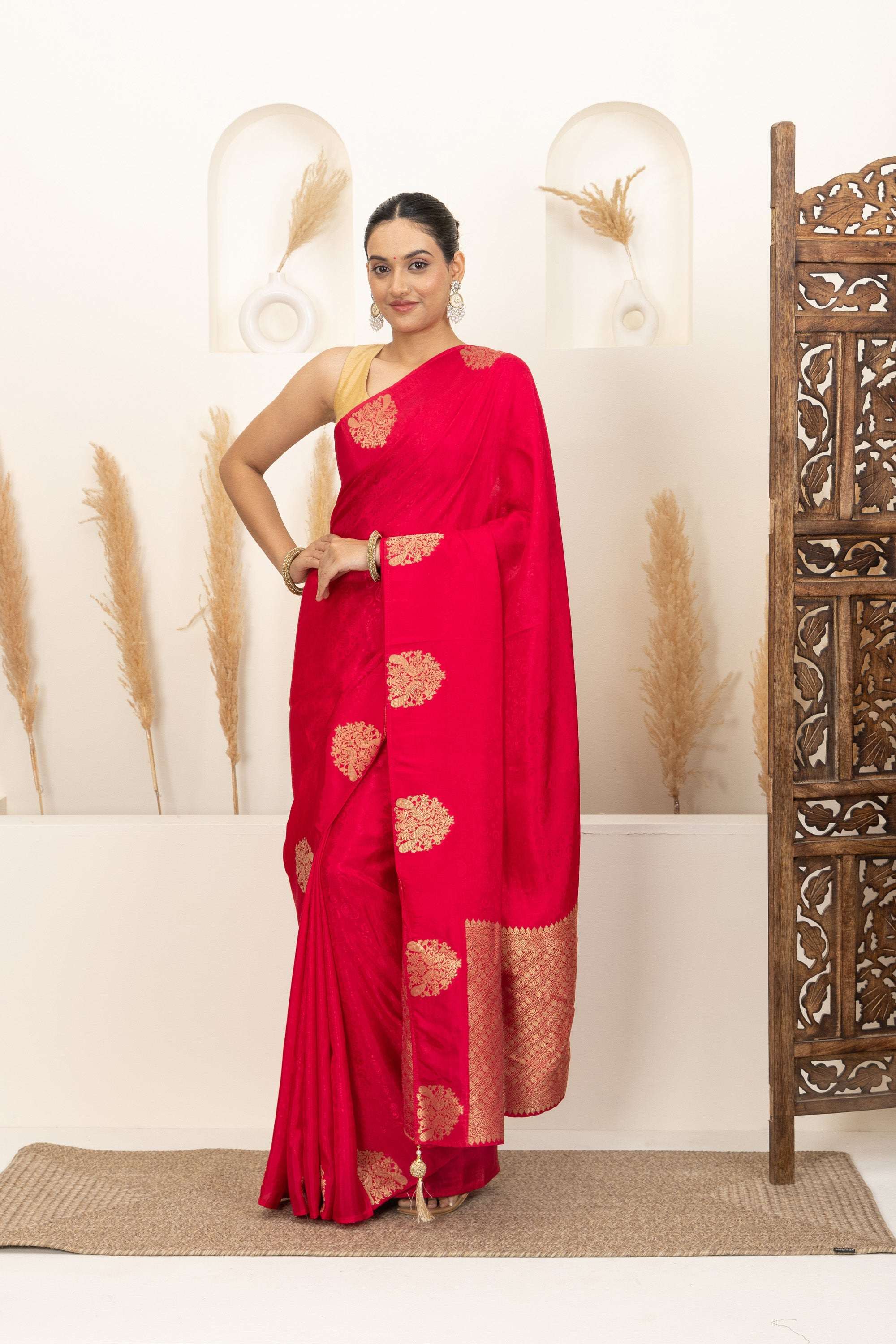 Crimson Red Saree with Gold Zari Motifs