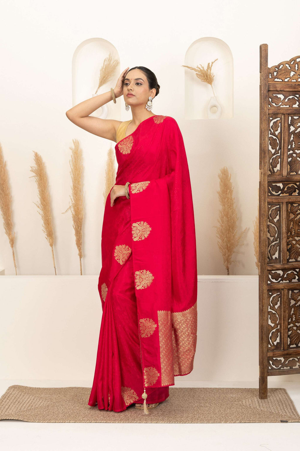 Crimson Red Saree with Gold Zari Motifs