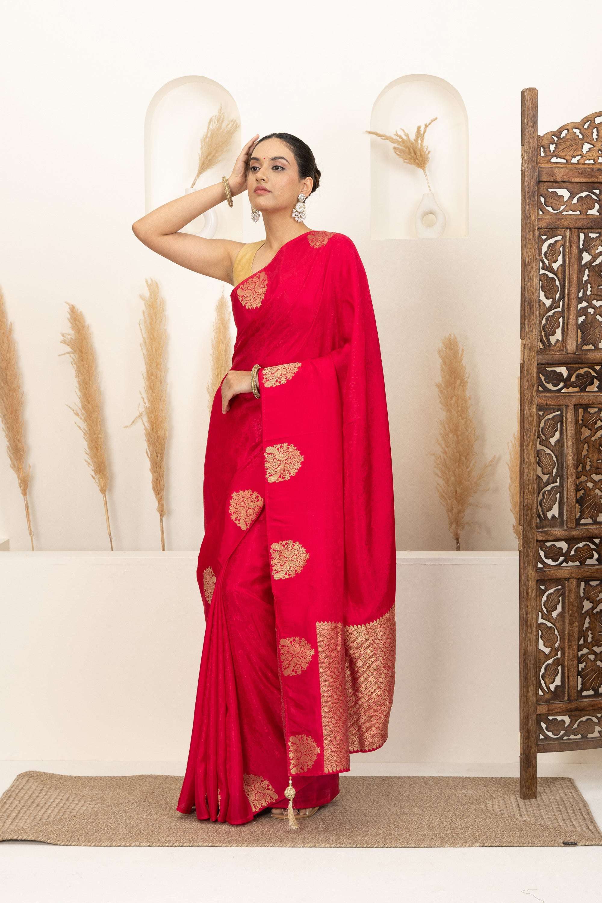 Crimson Red Saree with Gold Zari Motifs