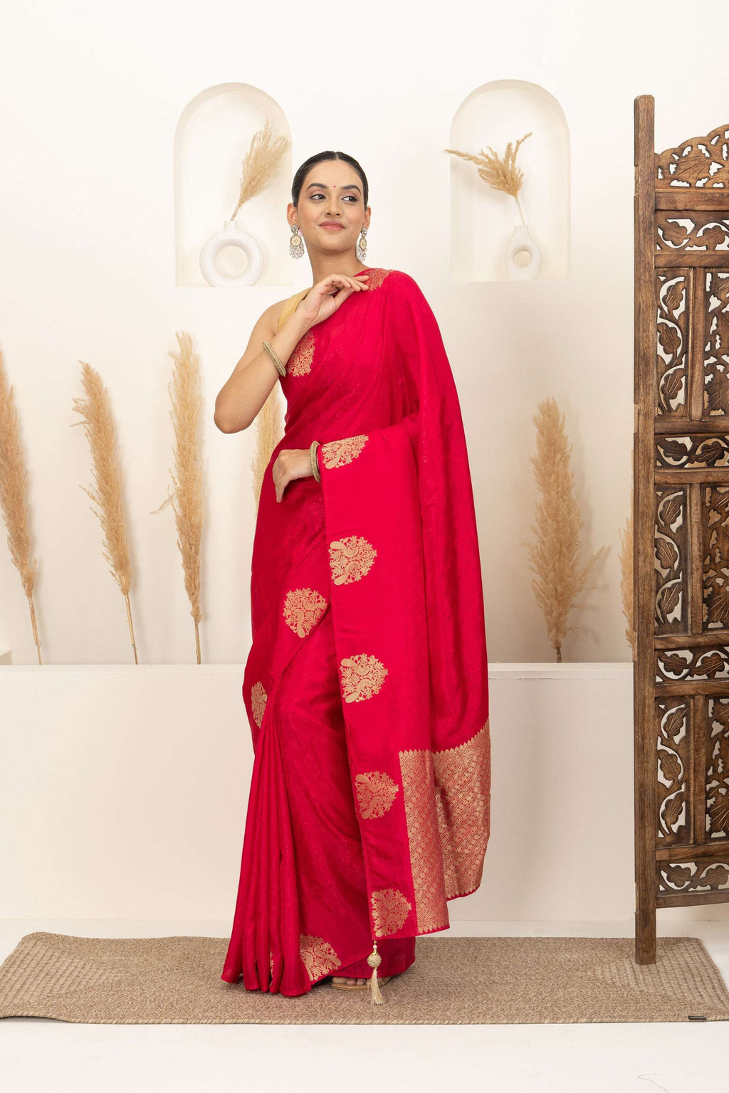 Crimson Red Saree with Gold Zari Motifs