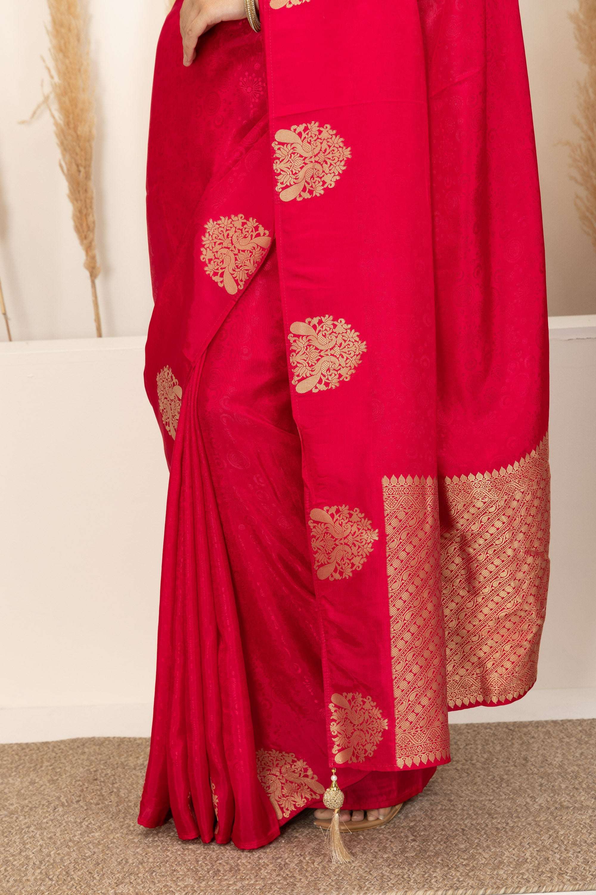 Crimson Red Saree with Gold Zari Motifs