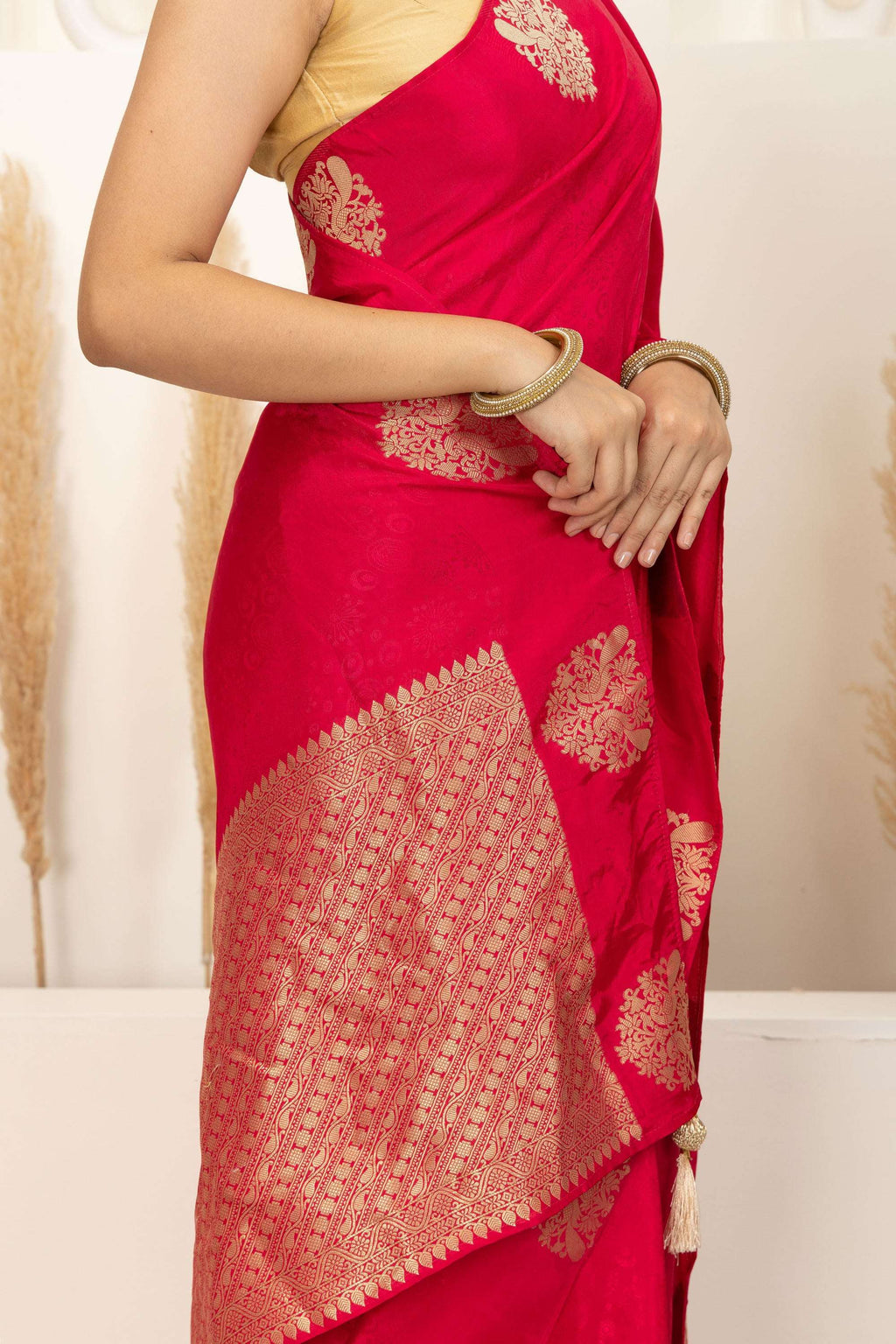 Crimson Red Saree with Gold Zari Motifs