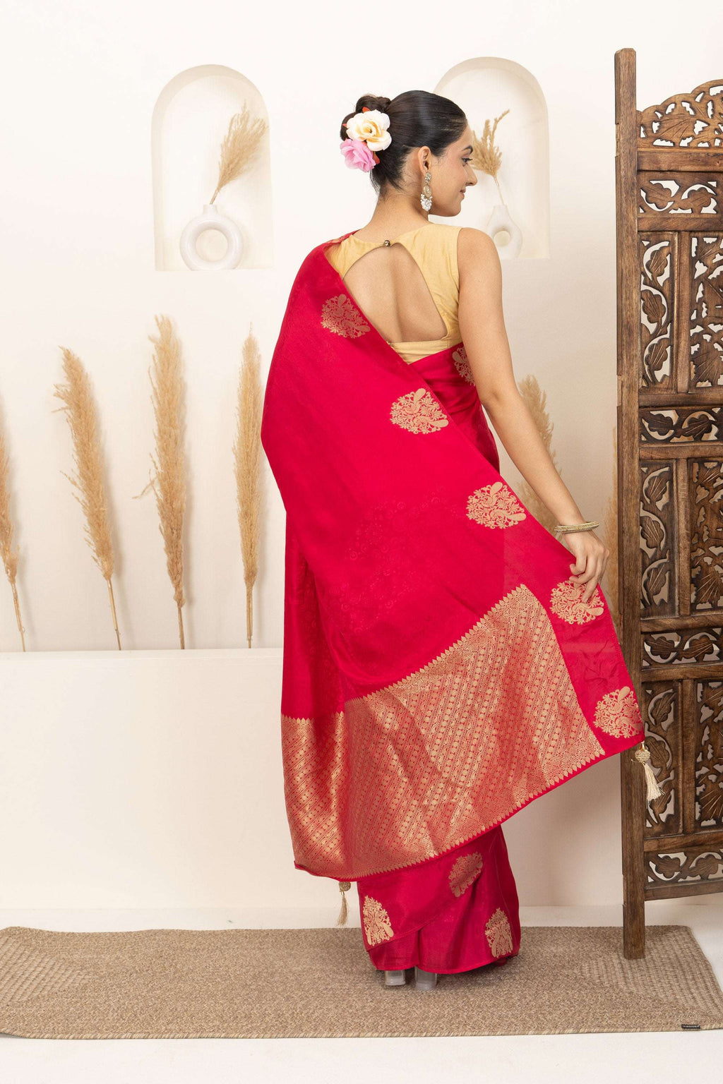 Crimson Red Saree with Gold Zari Motifs