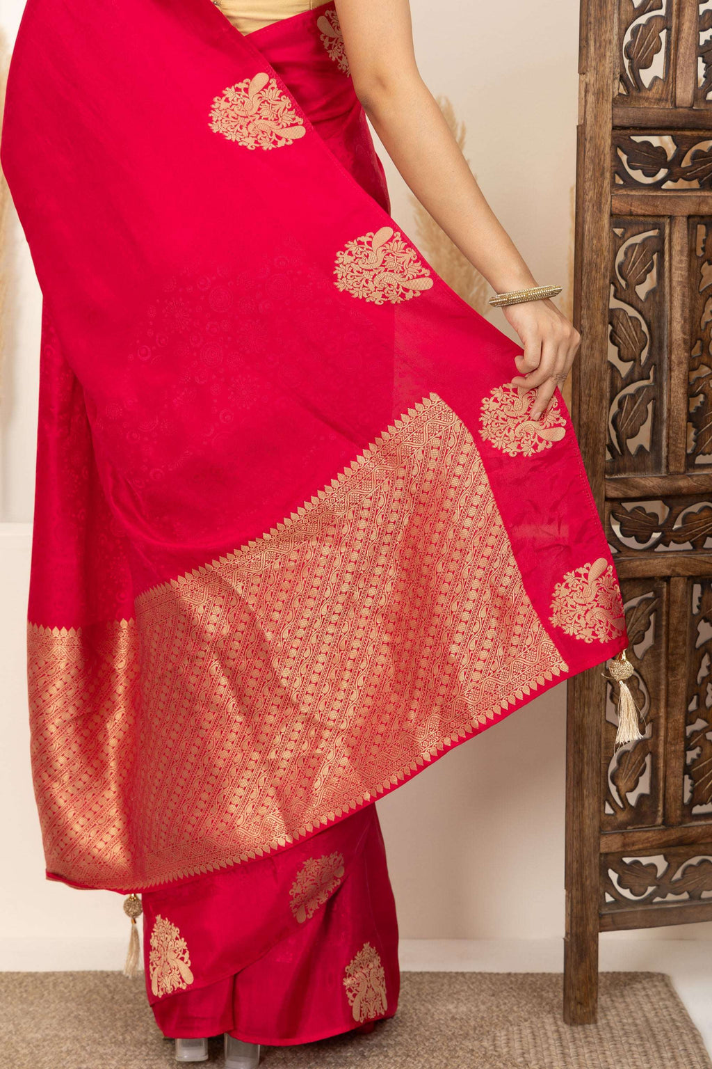 Crimson Red Saree with Gold Zari Motifs