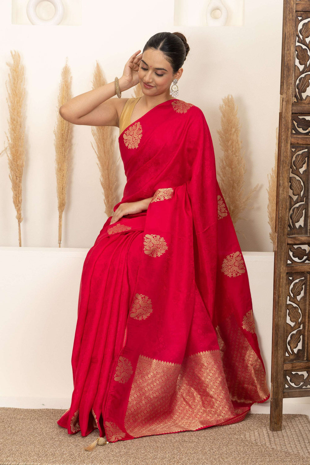 Crimson Red Saree with Gold Zari Motifs
