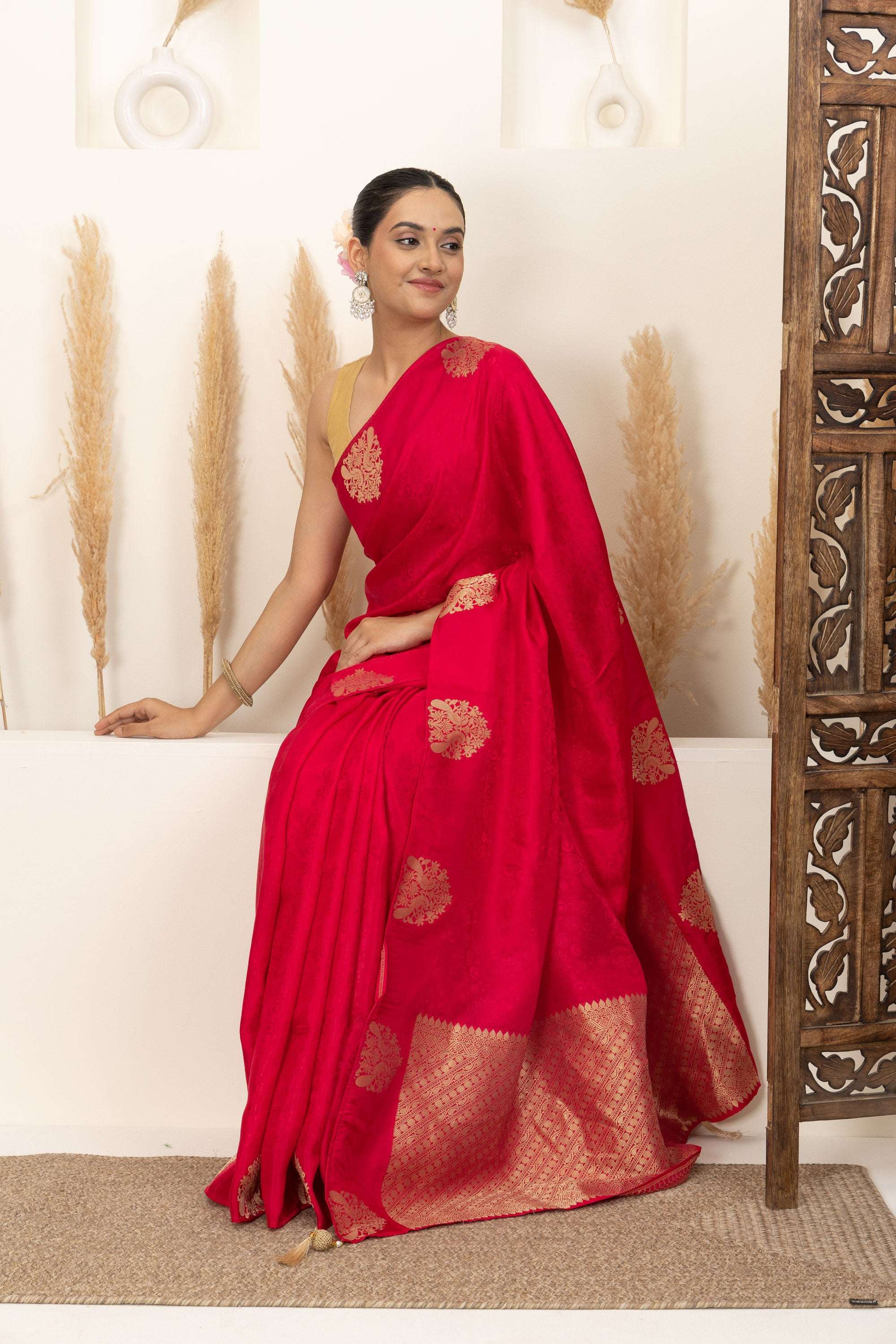 Crimson Red Saree with Gold Zari Motifs