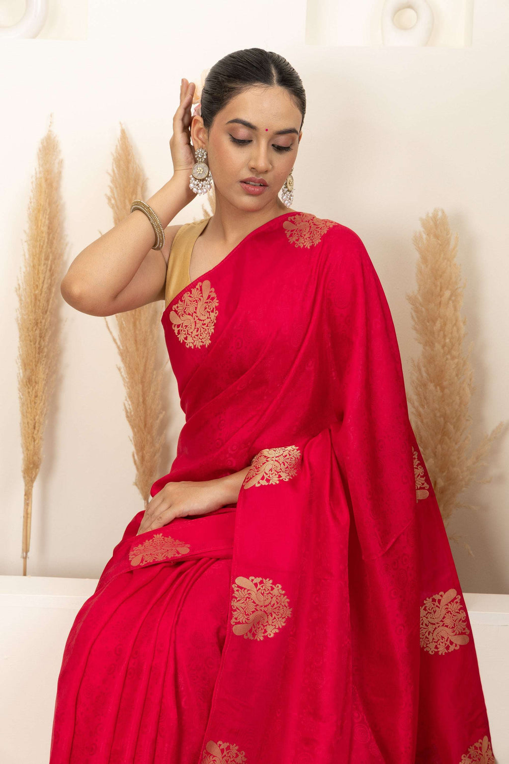 Crimson Red Saree with Gold Zari Motifs