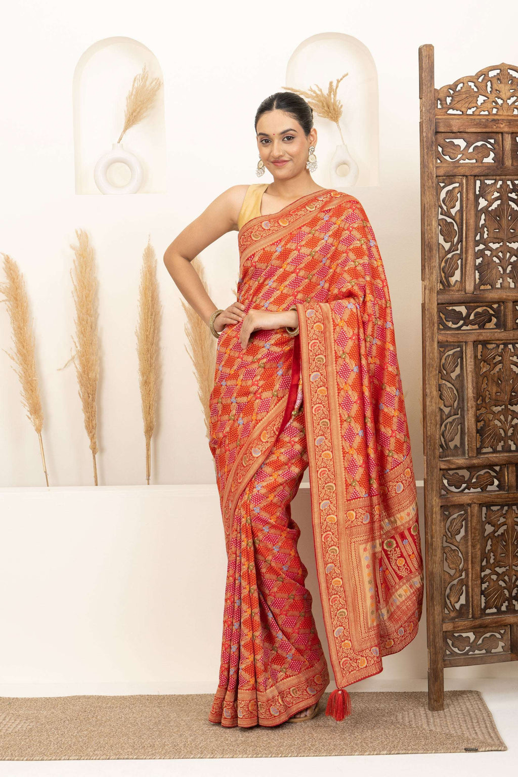 Warm Orange Saree with Multicolor Woven Artistry