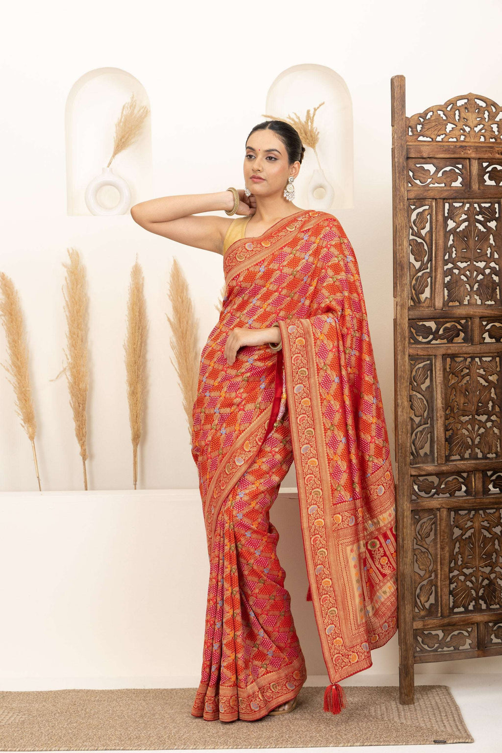Warm Orange Saree with Multicolor Woven Artistry
